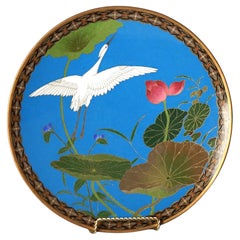 Antique Japanese Meiji Cloisonné Enameled Plate with Pond & Heron C1920