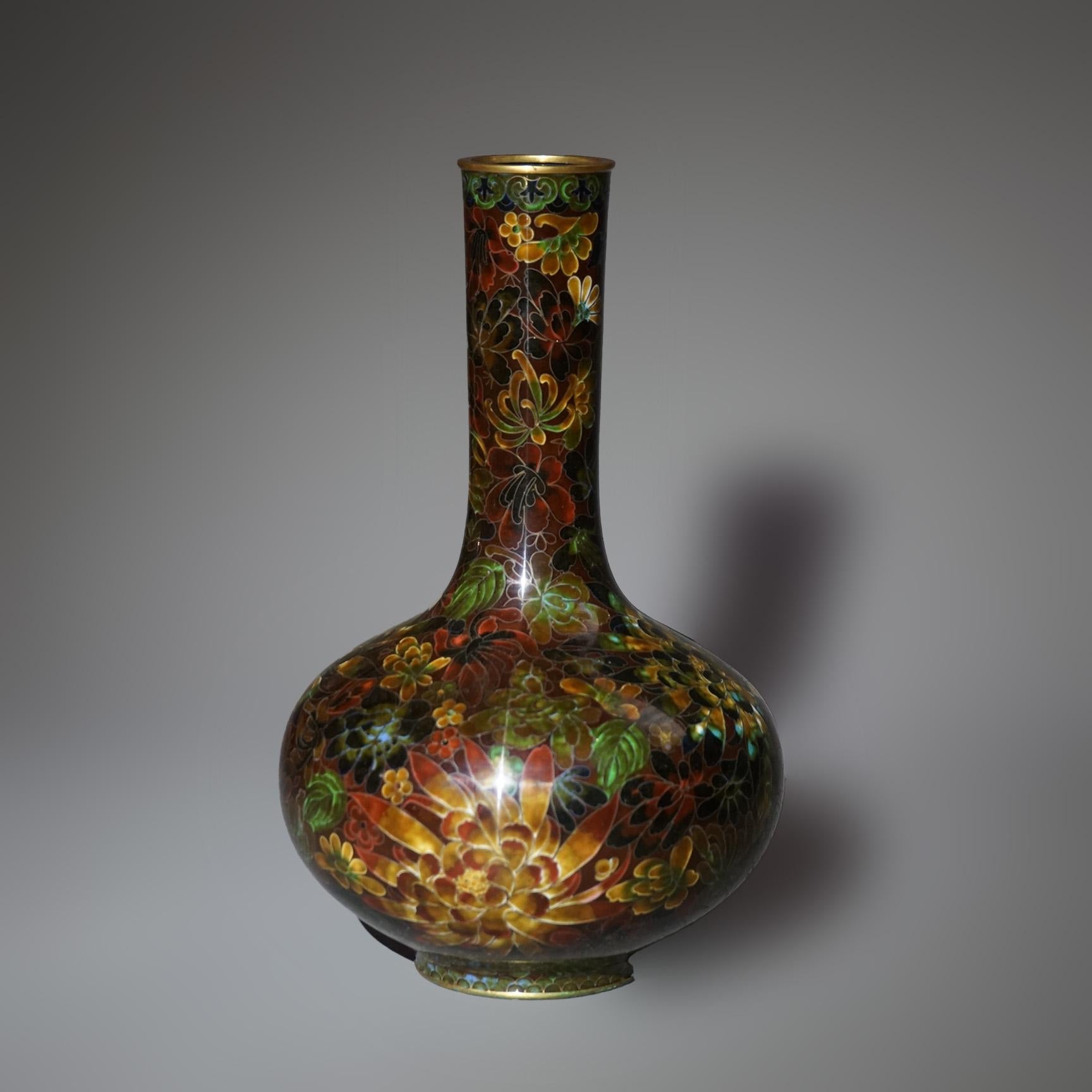Antique Japanese Meiji Cloisonne Enameled Vase with Allover Floral Design, 19thC In Good Condition In Big Flats, NY