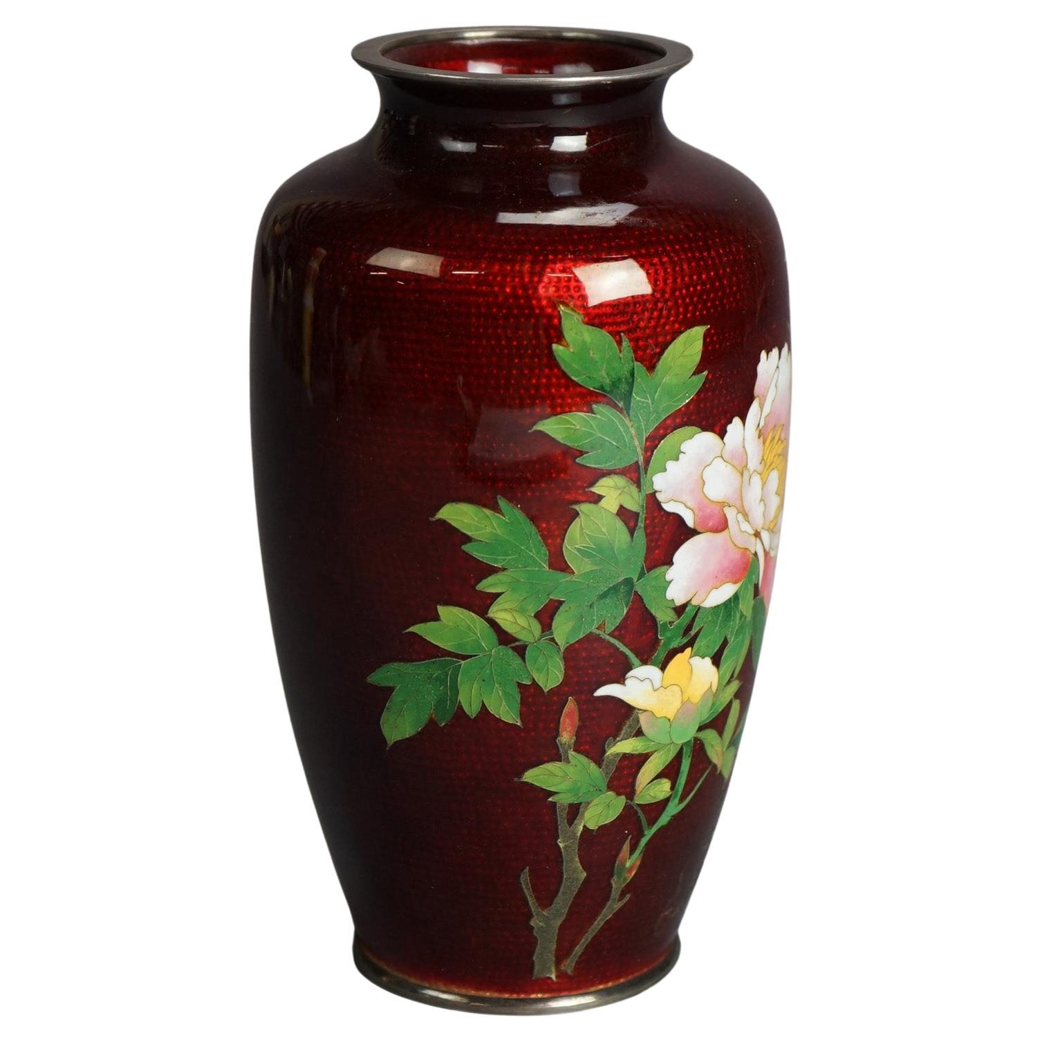 Antique Japanese Meiji Cloisonne Enameled Vase with Garden Flower & Butterfly Design C1920

Measures - 7.25