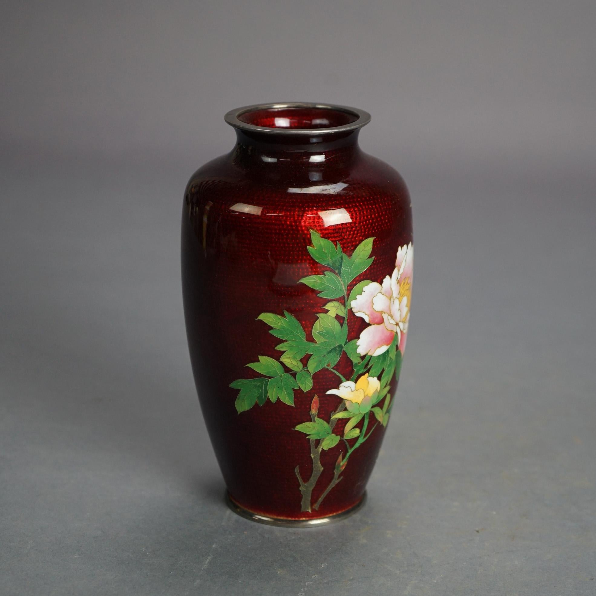 Antique Japanese Meiji Cloisonne Enameled Vase with Floral Design C1920 In Good Condition In Big Flats, NY