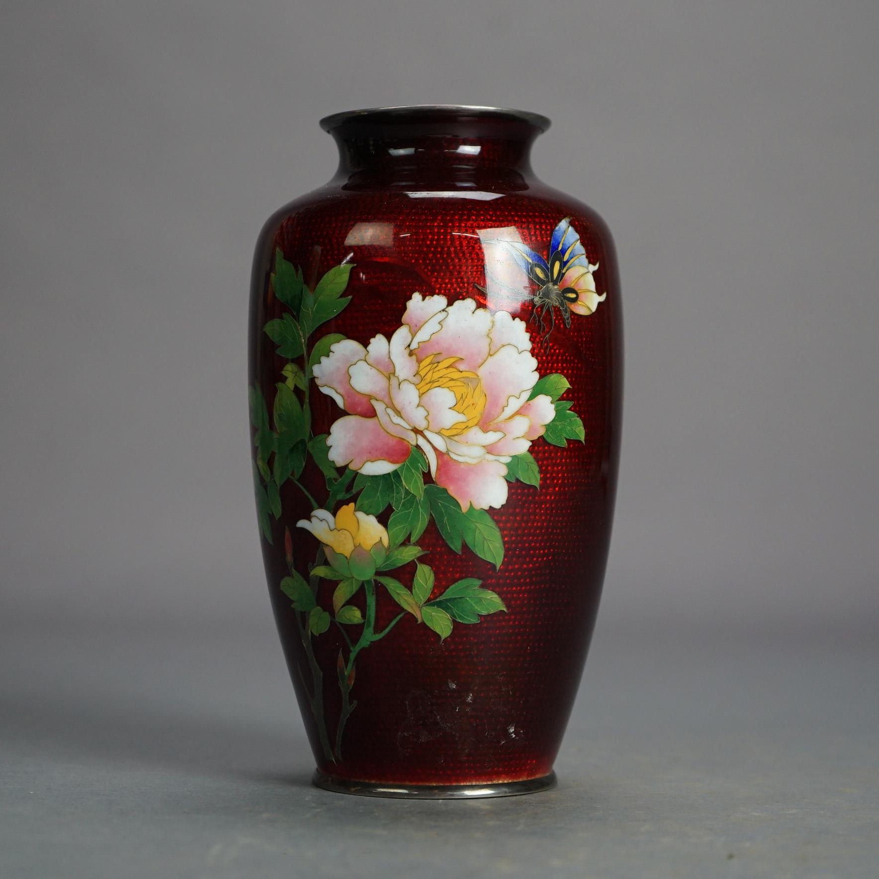 Antique Japanese Meiji Cloisonne Enameled Vase with Floral Design C1920 2