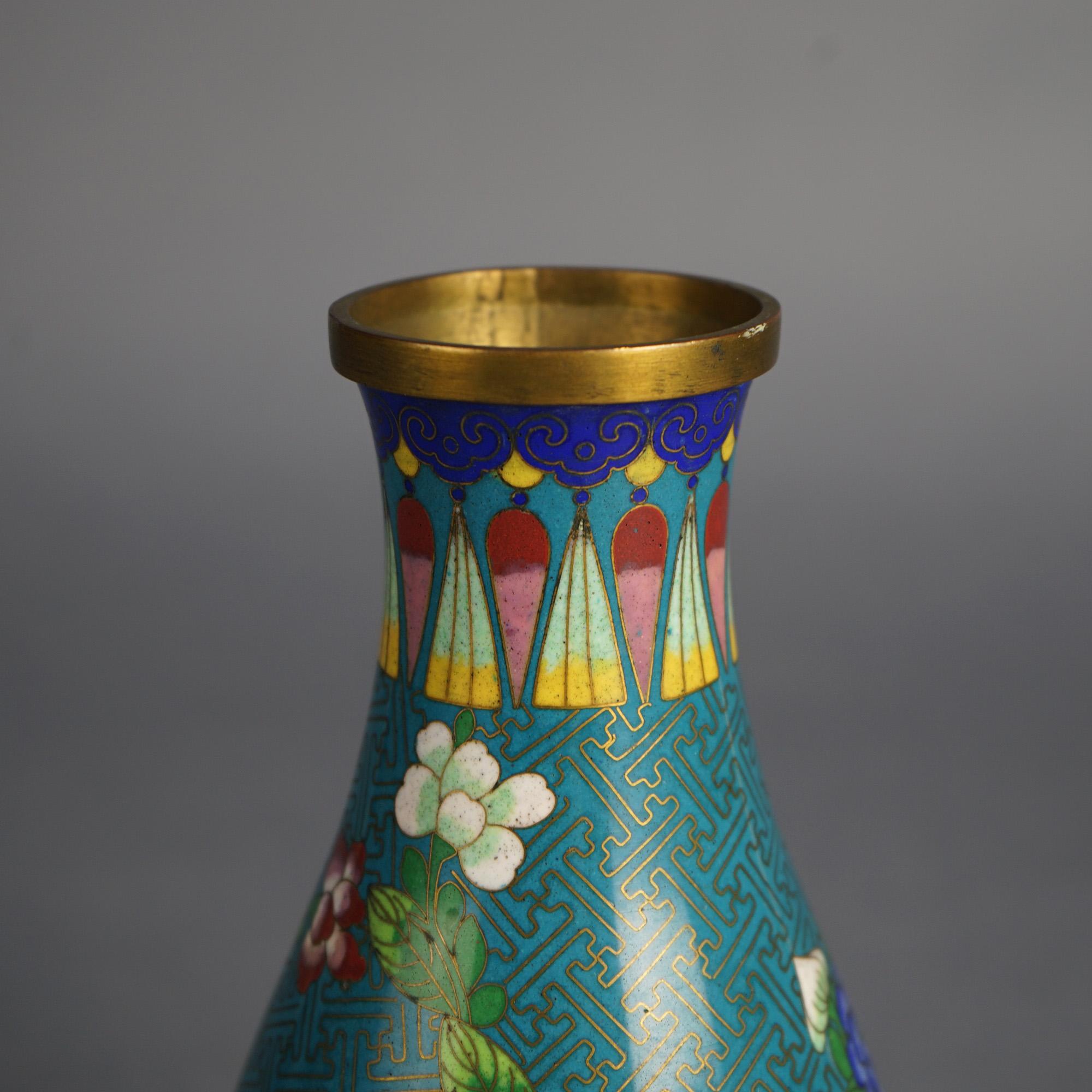 Antique Japanese Meiji Cloisonne Enameled Vase with Flowers C1920 In Good Condition For Sale In Big Flats, NY