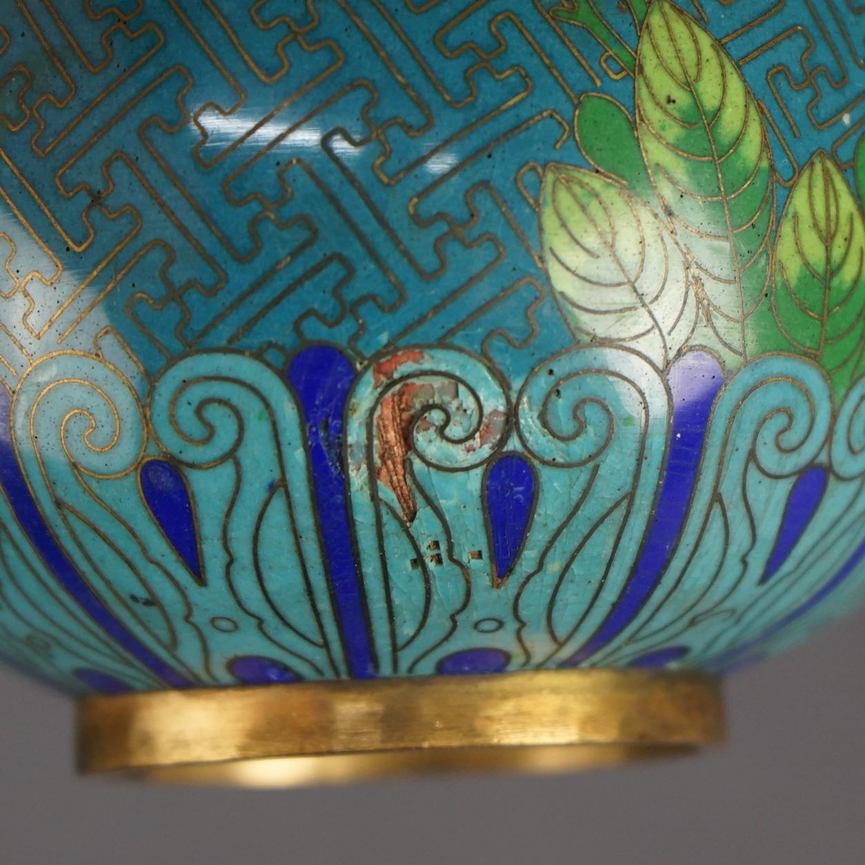 Metal Antique Japanese Meiji Cloisonne Enameled Vase with Flowers C1920 For Sale