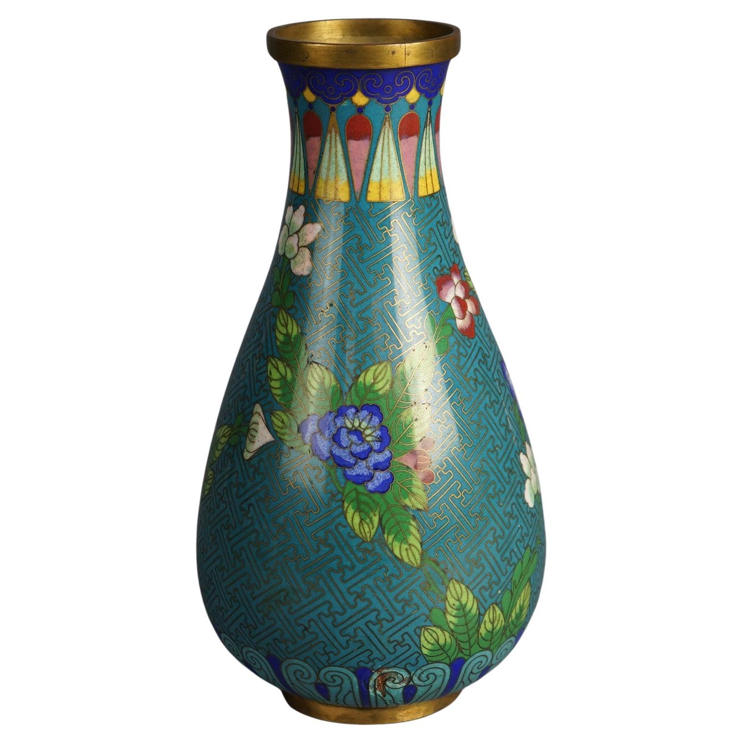 Antiguo Jarrón Japonés Meiji de Cloisonné Esmaltado con Flores C1920