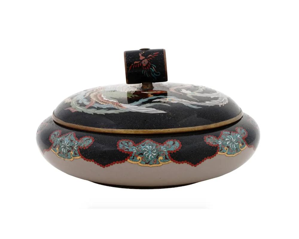 Cloissoné Antique Meiji Japanese Cloisonne Enamel Jar with Phoenix Bird and Karakusa Patte For Sale