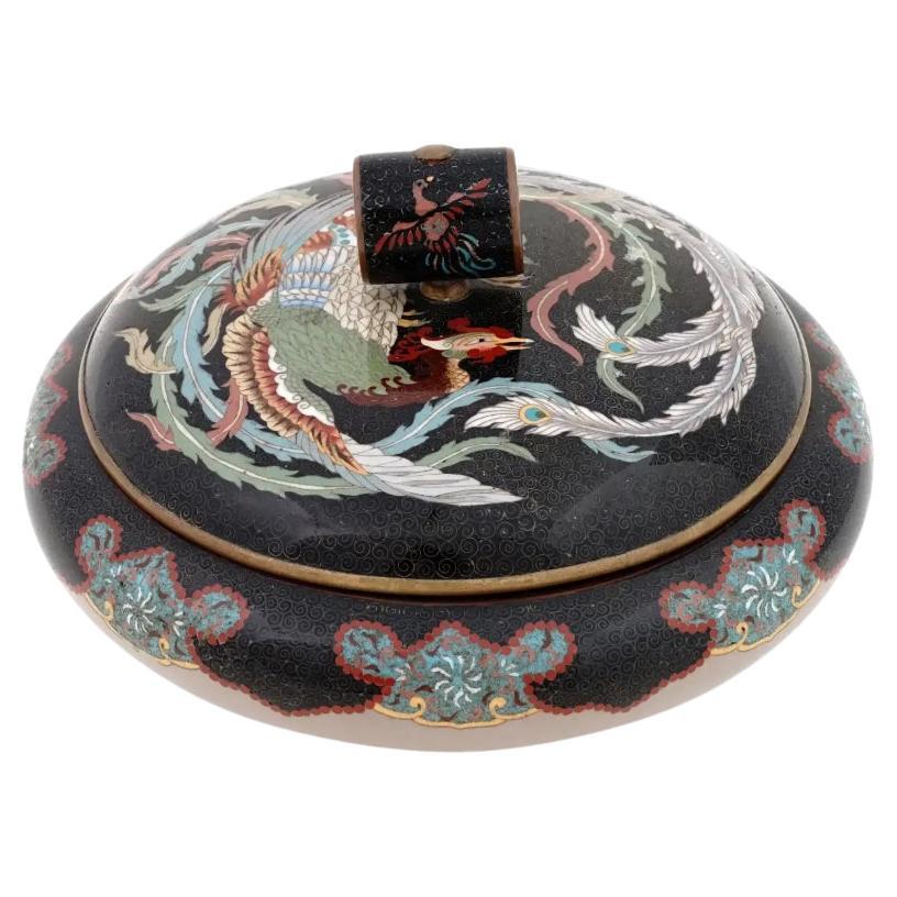 Antique Meiji Japanese Cloisonne Enamel Jar with Phoenix Bird and Karakusa Patte For Sale
