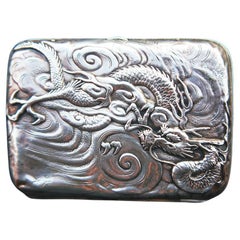Antique Japanese Meiji Dragon Cigarette Box Silver / 88 gr