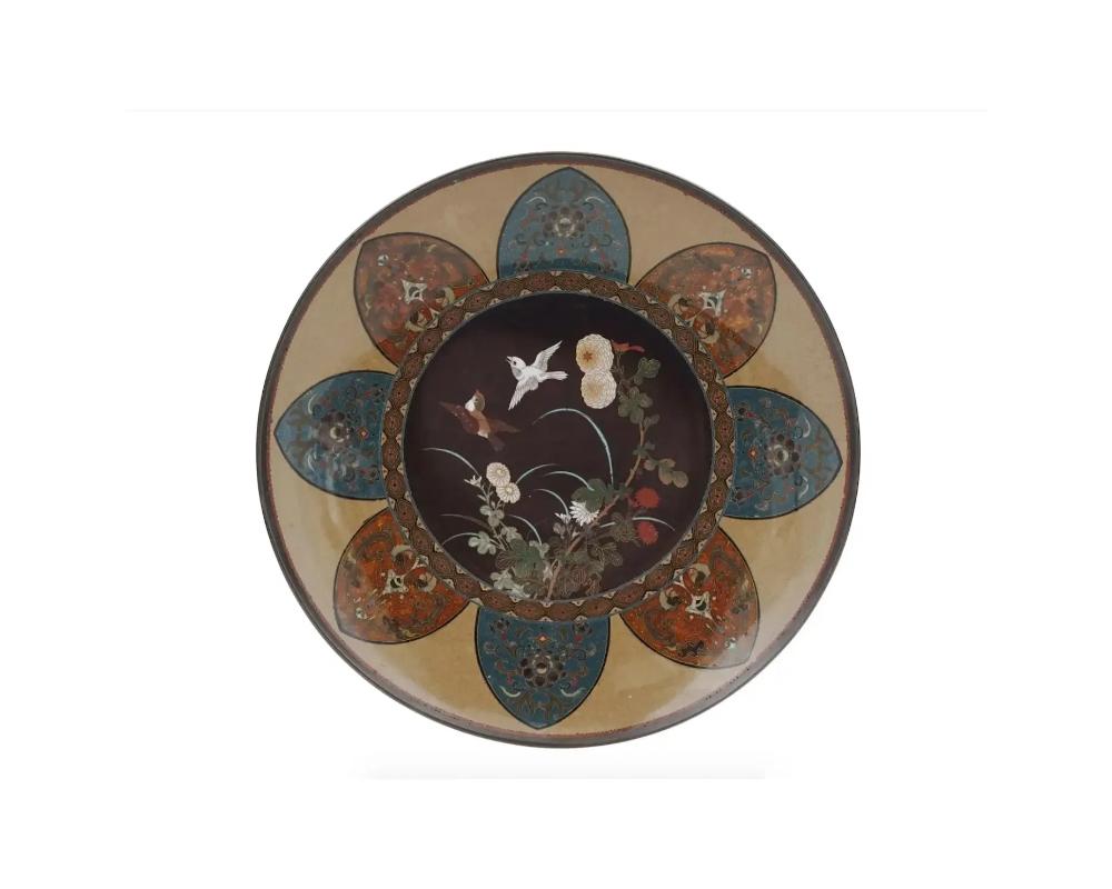 An antique Japanese, late Meiji era, enamel over brass plate. The plate is enameled with a polychrome medallion in a shape of a flower depicting two sparrows in blossoming chrysanthemum flowers surrounded by floral, foliage, and scrollwork patterns,