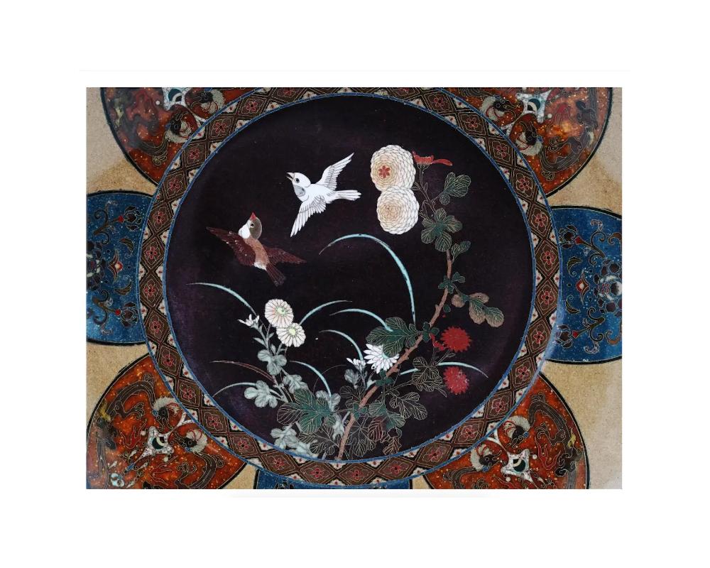 Antique Meiji Japanese Cloisonne Enamel Plate Charger Two Sparrows in Blossoming In Good Condition For Sale In New York, NY