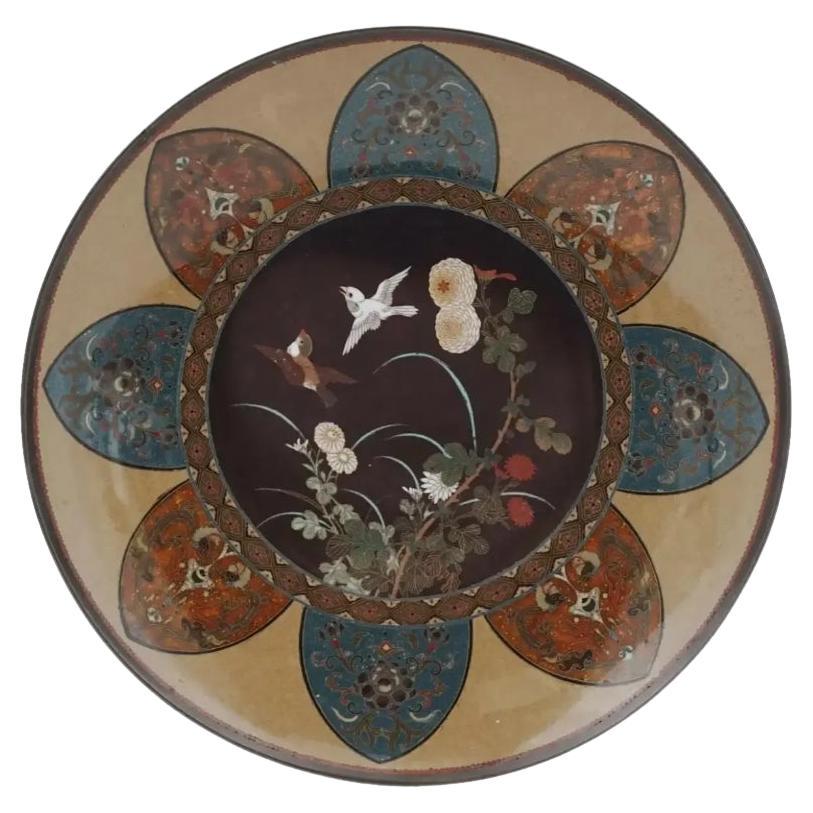 Antique Meiji Japanese Cloisonne Enamel Plate Charger Two Sparrows in Blossoming For Sale