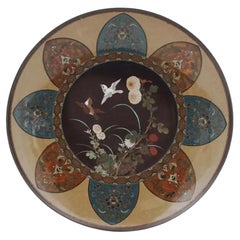 Antique Meiji Japanese Cloisonne Enamel Plate Charger Two Sparrows in Blossoming