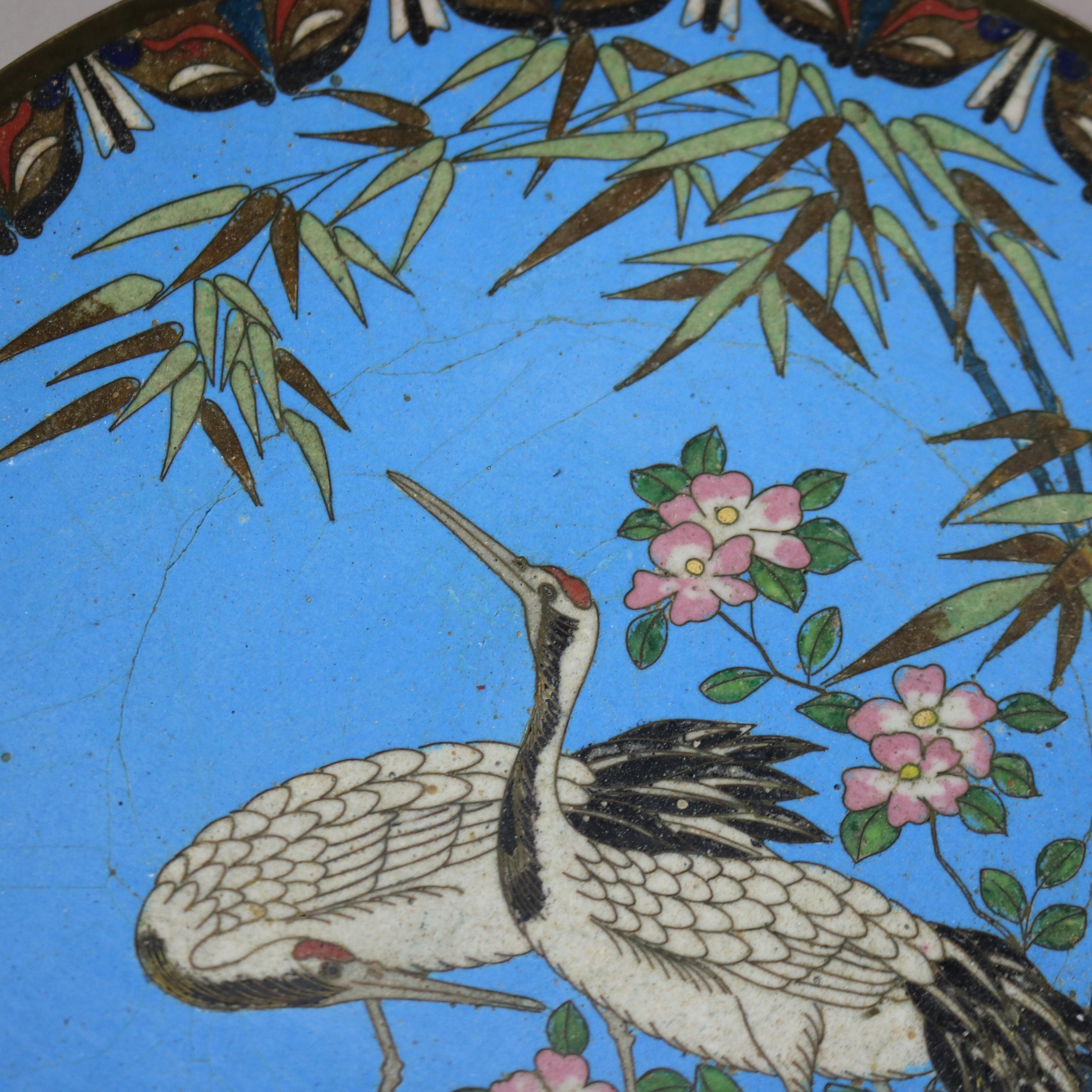 20th Century Antique Japanese Meiji Enameled Garden Scene Cloisonne Charger with Heron C1920 For Sale