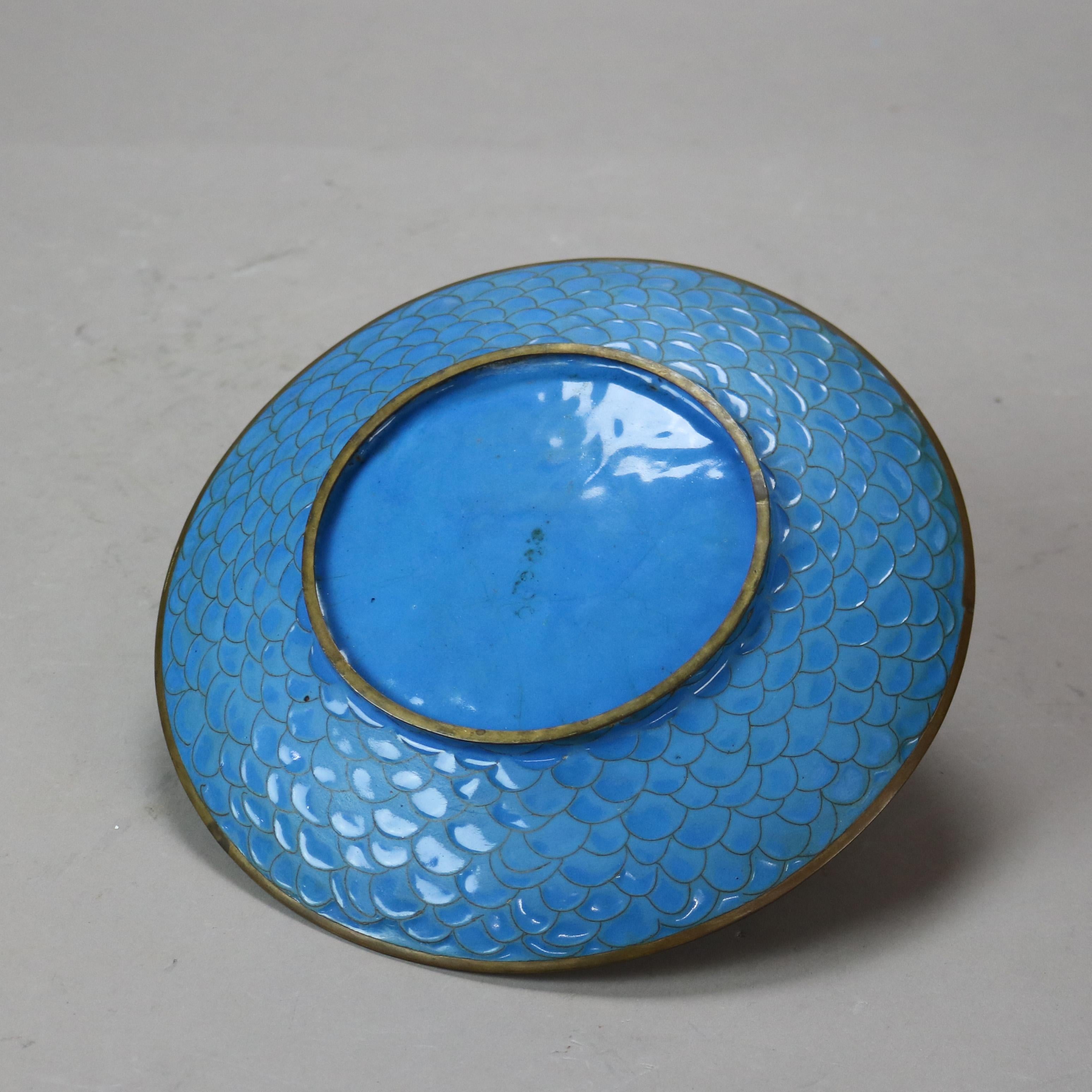 Metal Antique Japanese Meiji Enameled Garden Scene Cloisonne Charger with Heron C1920 For Sale