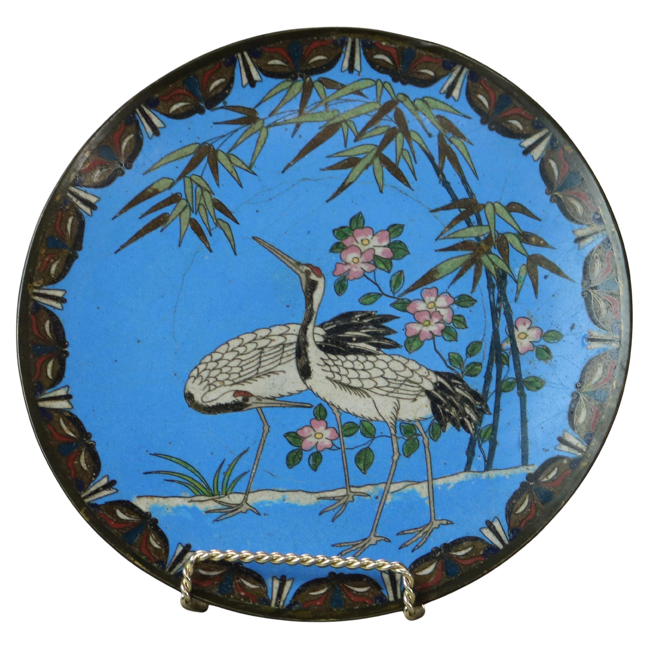 Antique Japanese Meiji Enameled Garden Scene Cloisonne Charger with Heron C1920
