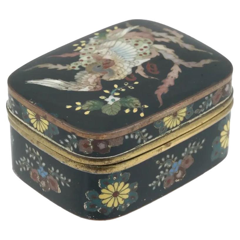 Antigua Caja de Incienso Japonesa de Cloisonné Meiji Esmaltada Kogo con Pájaro Ho Ho