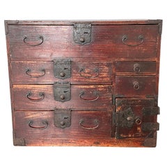 Antique Japanese Meiji Era (c1870’s) Red Lacquer Kodansu Personal Tansu 8 Drawer