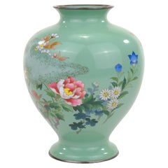 Antique Japanese Meiji Era (c1880) Cloisonné Vase Floral Motif Soft Green 8"