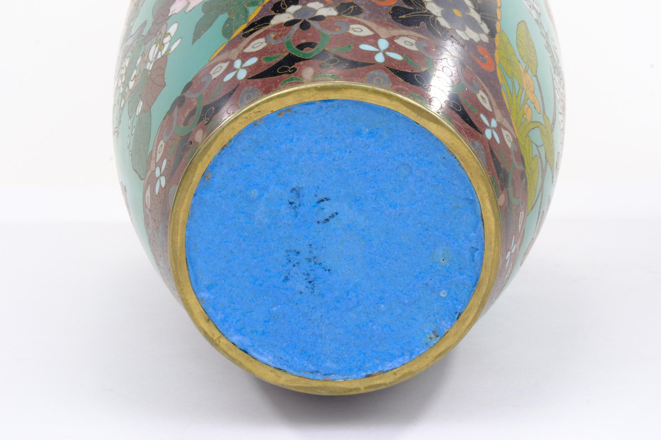 Antique Japanese Meiji Era (c1880) Cloisonné Vase Geese in Flight & Flowers 12” For Sale 4