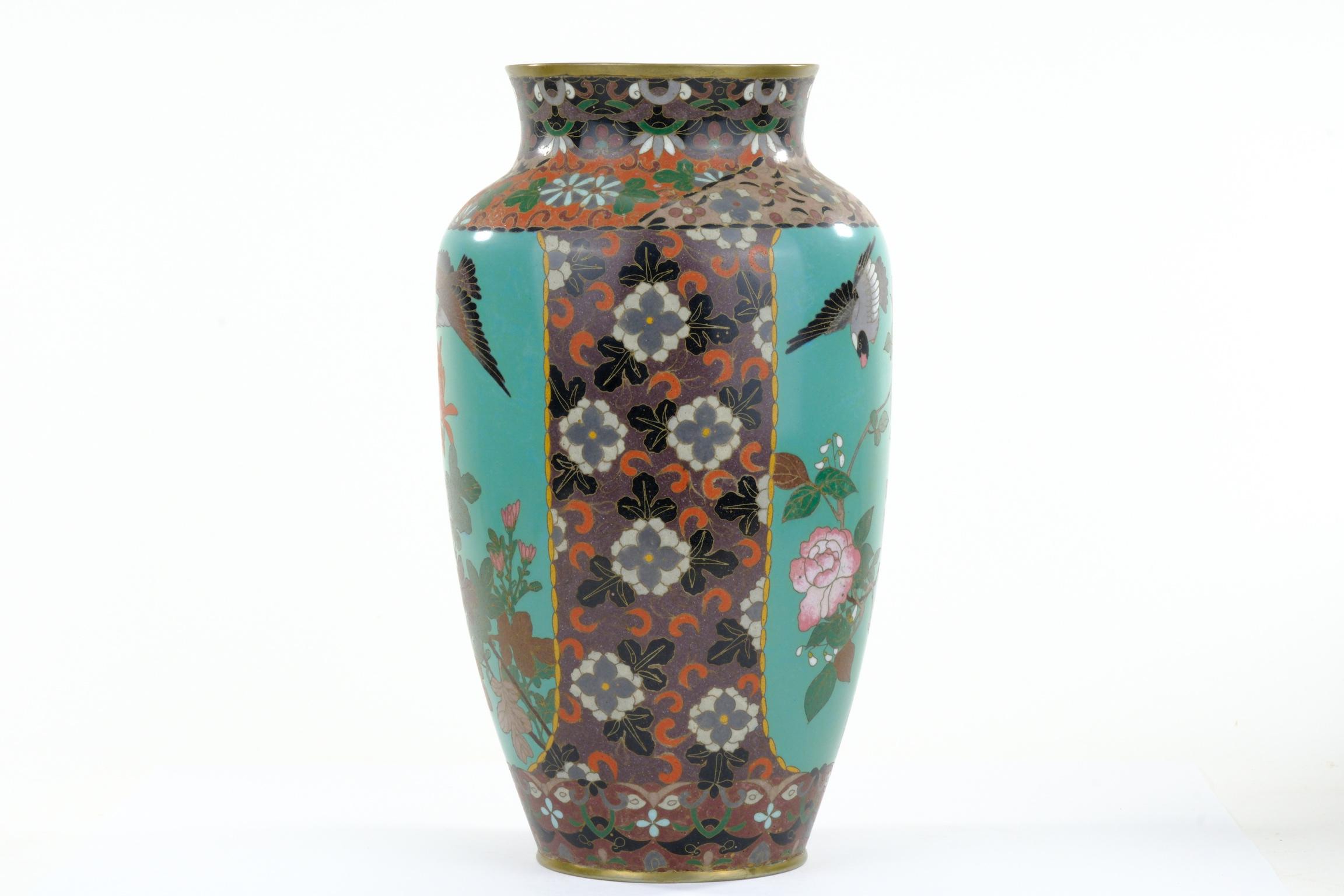 Hand-Crafted Antique Japanese Meiji Era (c1880) Cloisonné Vase Geese in Flight & Flowers 12” For Sale