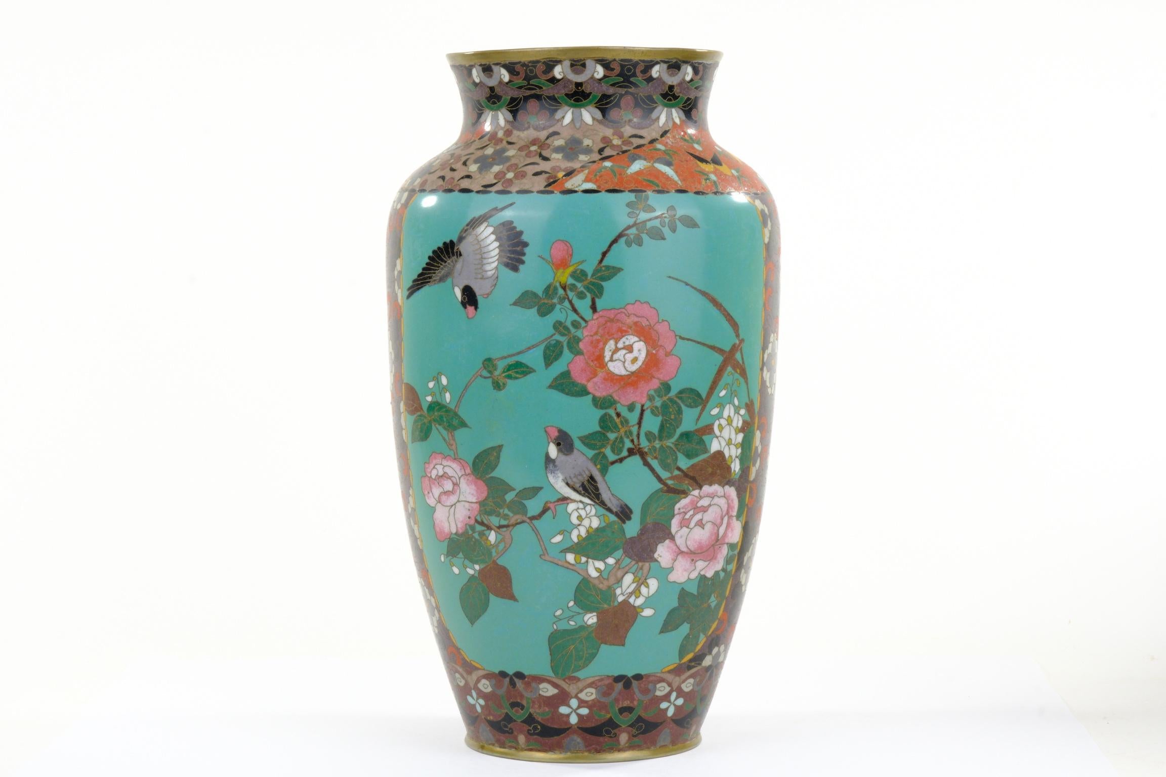 Antique Japanese Meiji Era (c1880) Cloisonné Vase Geese in Flight & Flowers 12” In Good Condition For Sale In Portland, OR