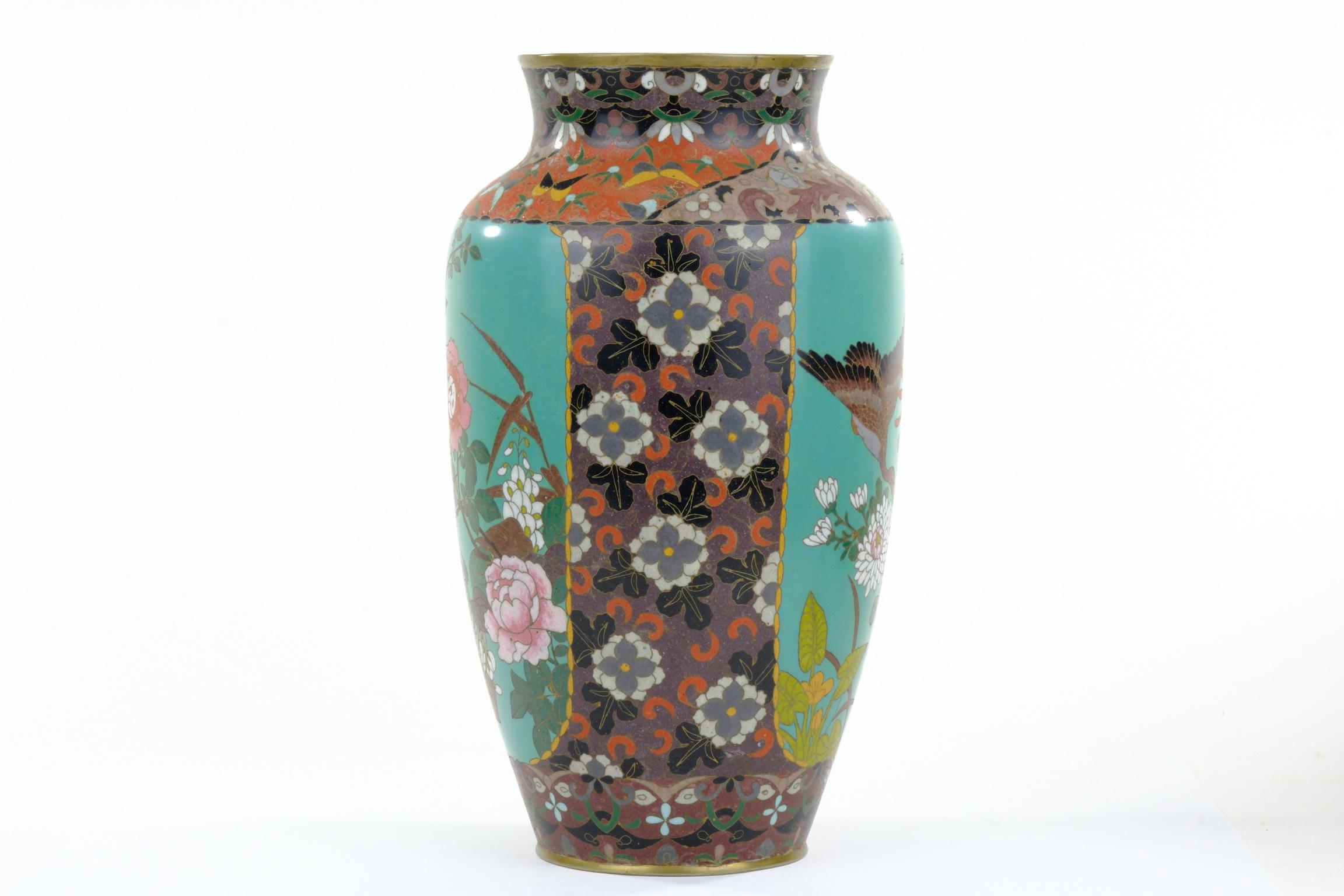 19th Century Antique Japanese Meiji Era (c1880) Cloisonné Vase Geese in Flight & Flowers 12” For Sale