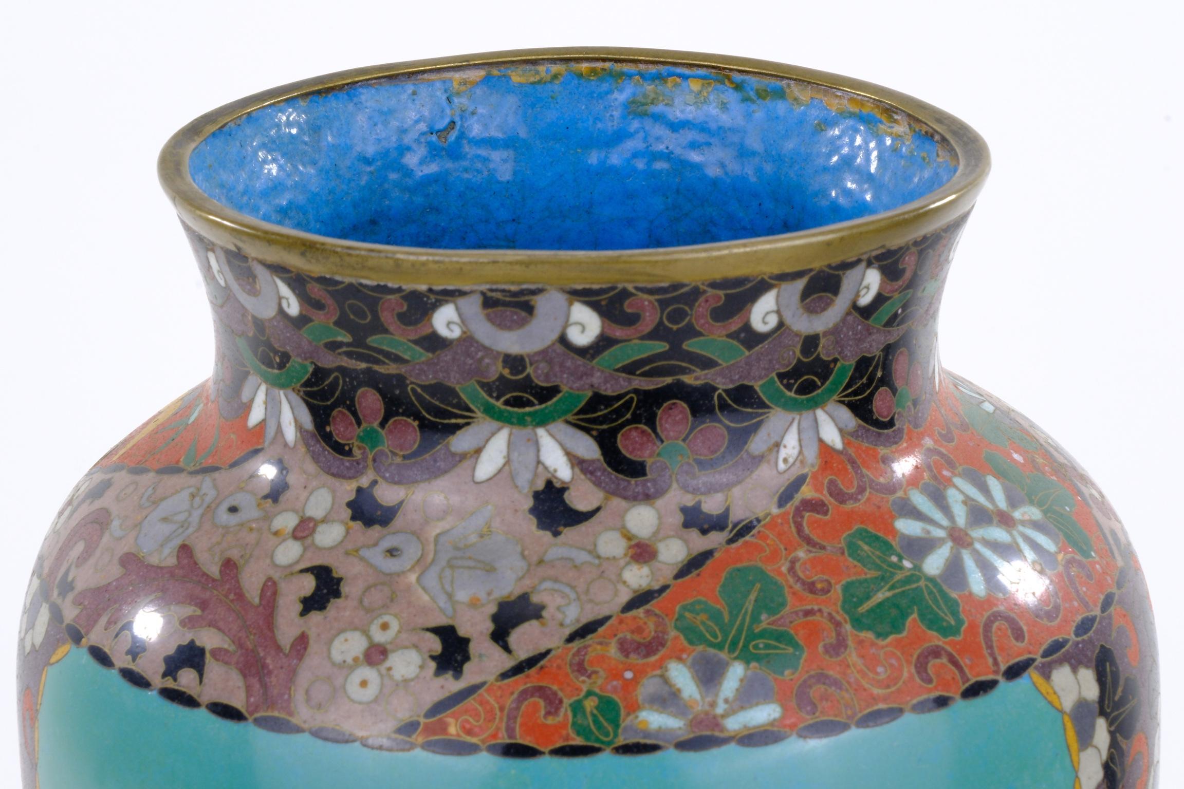 Copper Antique Japanese Meiji Era (c1880) Cloisonné Vase Geese in Flight & Flowers 12” For Sale