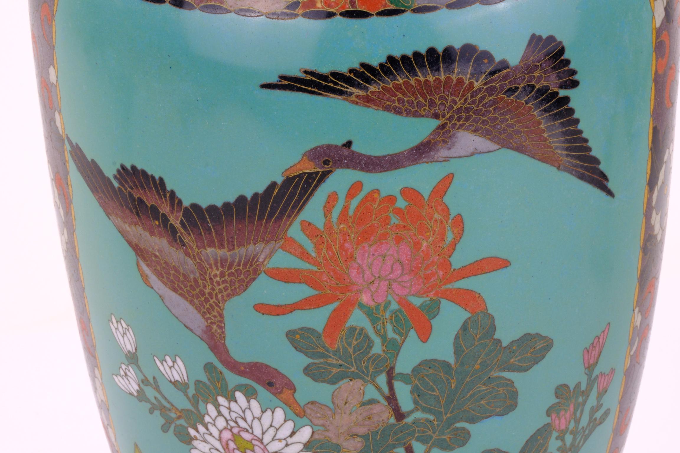 Antique Japanese Meiji Era (c1880) Cloisonné Vase Geese in Flight & Flowers 12” For Sale 1