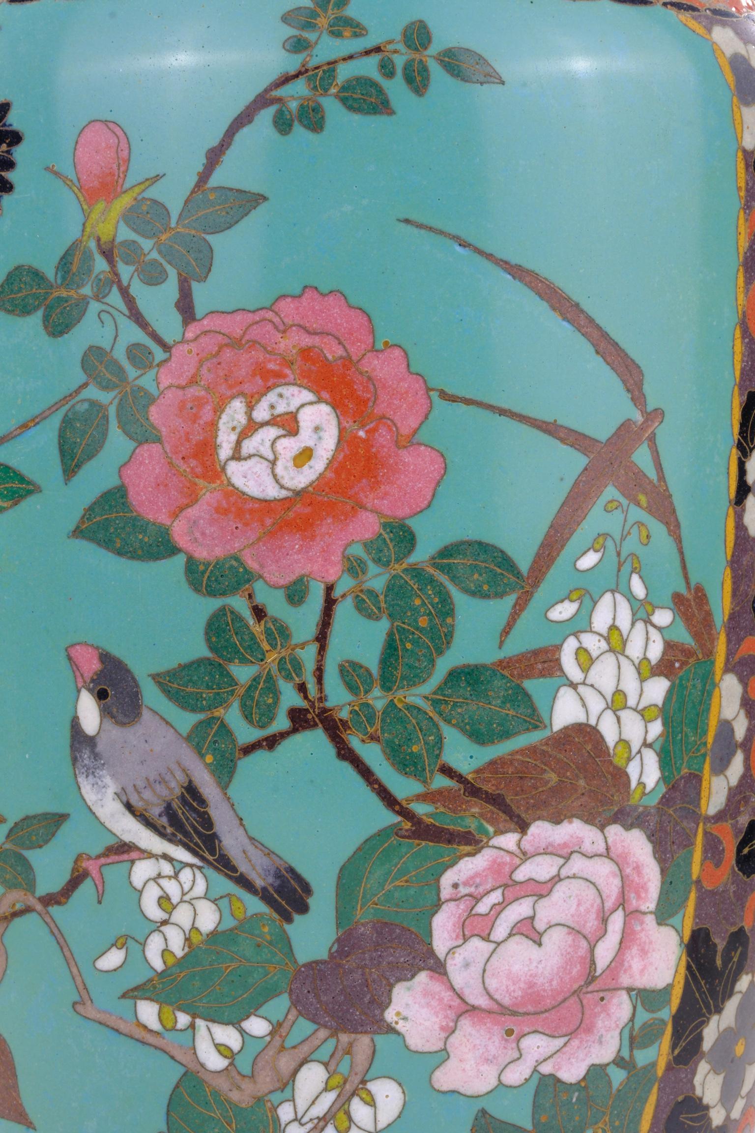 Antique Japanese Meiji Era (c1880) Cloisonné Vase Geese in Flight & Flowers 12” For Sale 3