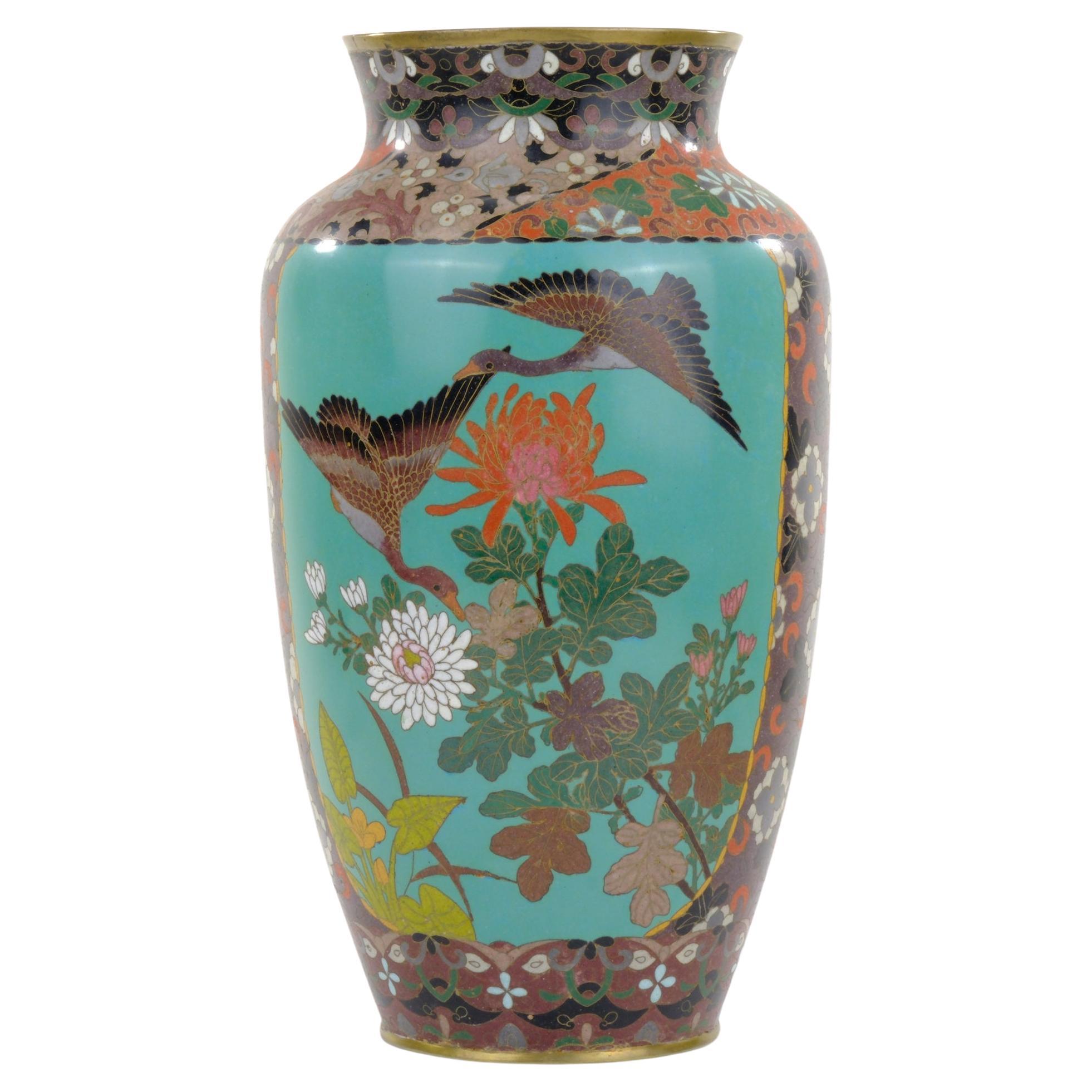 Antique Japanese Meiji Era (c1880) Cloisonné Vase Geese in Flight & Flowers 12” For Sale