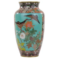 Antique Japanese Meiji Era (c1880) Cloisonné Vase Geese in Flight & Flowers 12”