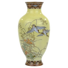 Antique Japanese Meiji Era (c1880) Cloisonné Vase Geese in Flight Yellow 10”