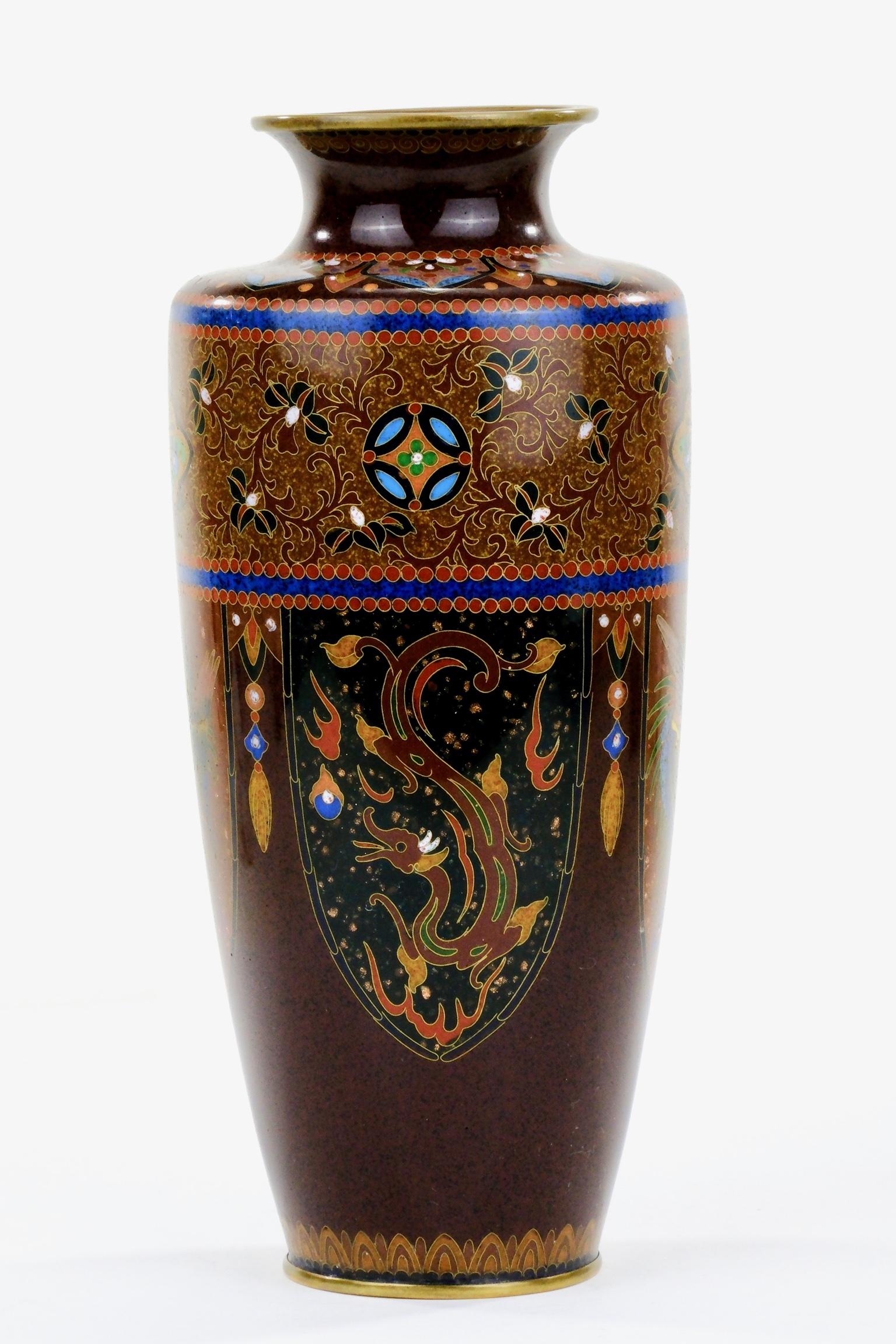 Hand-Crafted Antique Japanese Meiji Era (c1880) Cloisonné Vase Phoenix & Dragon 8” For Sale