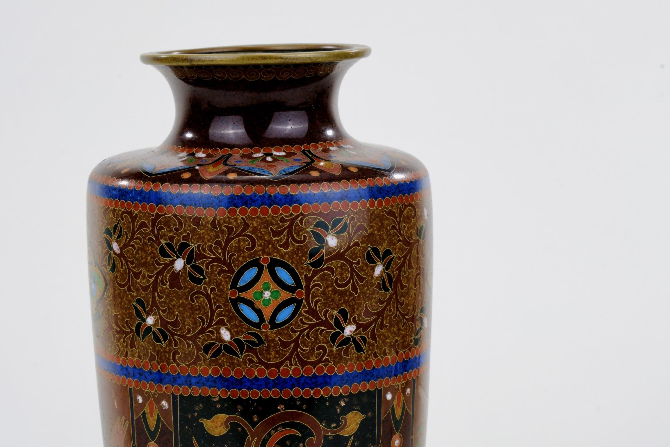 Antique Japanese Meiji Era (c1880) Cloisonné Vase Phoenix & Dragon 8” In Good Condition For Sale In Portland, OR