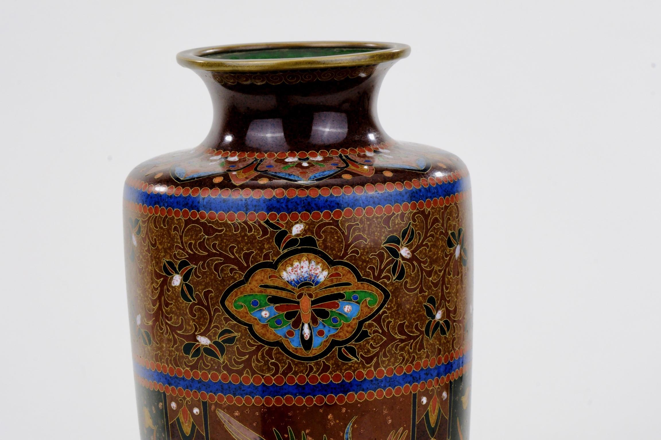 19th Century Antique Japanese Meiji Era (c1880) Cloisonné Vase Phoenix & Dragon 8” For Sale