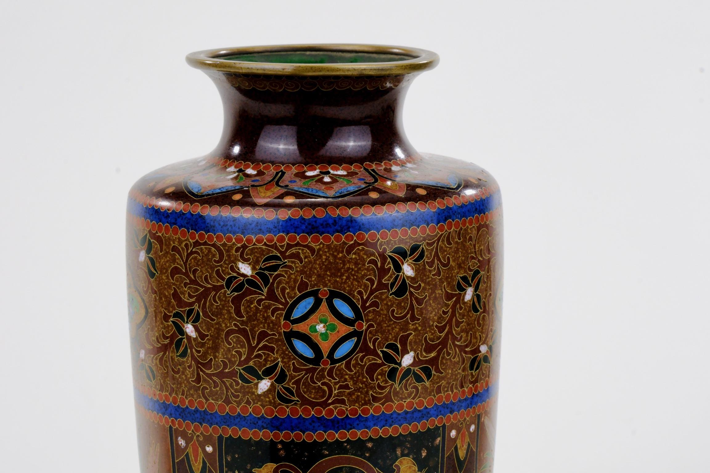 Copper Antique Japanese Meiji Era (c1880) Cloisonné Vase Phoenix & Dragon 8” For Sale