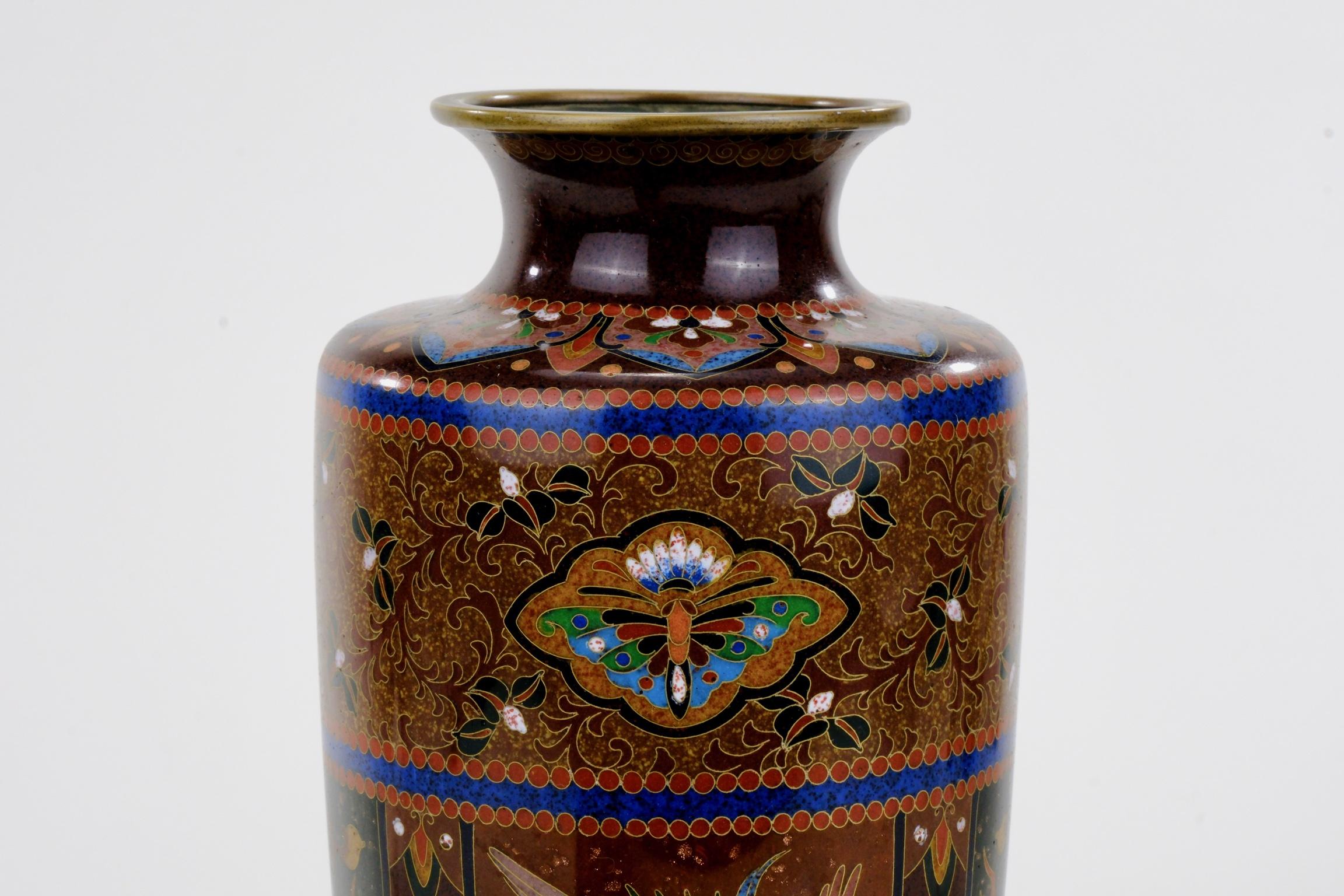 Antique Japanese Meiji Era (c1880) Cloisonné Vase Phoenix & Dragon 8” For Sale 1