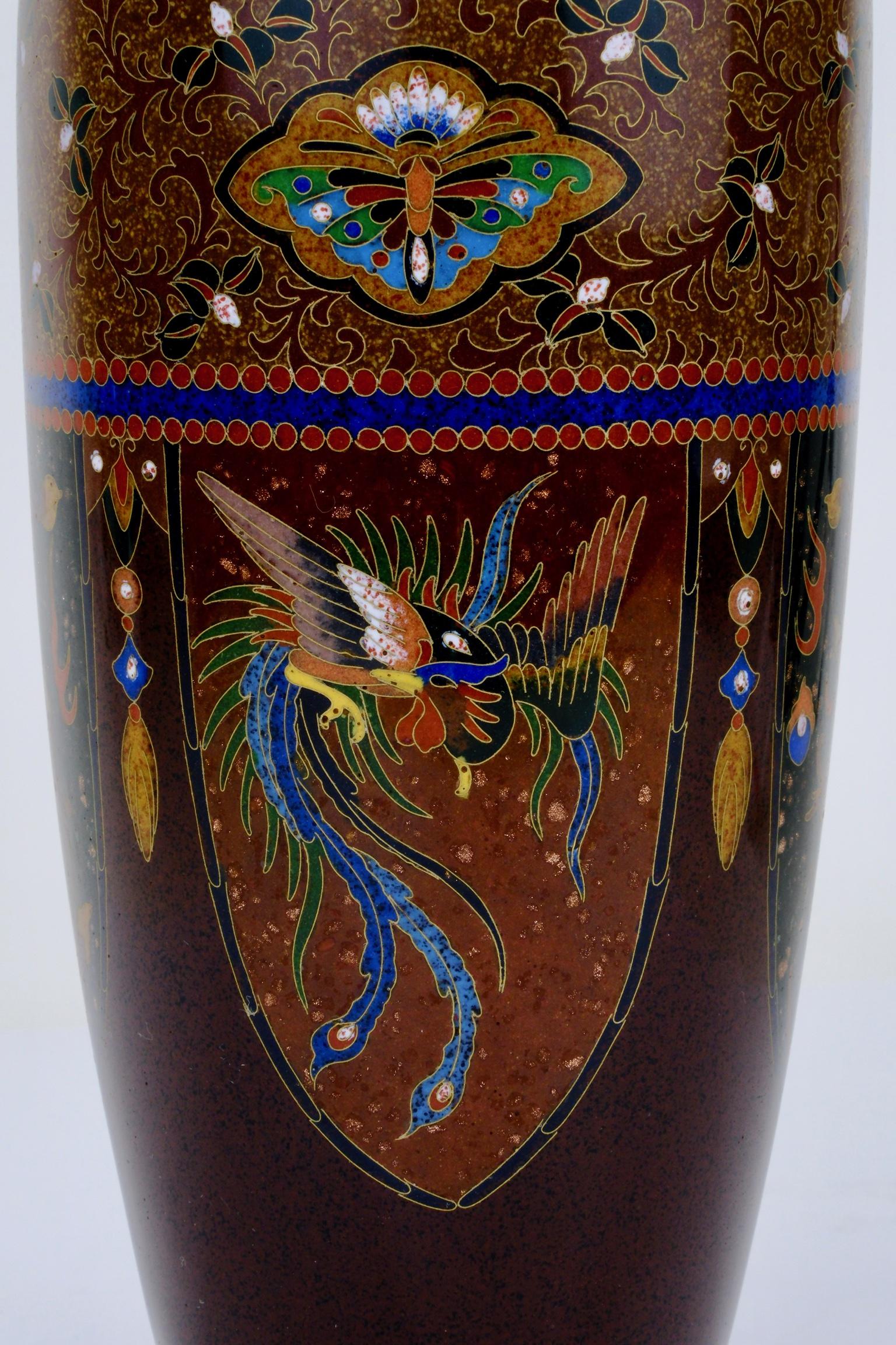 Antique Japanese Meiji Era (c1880) Cloisonné Vase Phoenix & Dragon 8” For Sale 2
