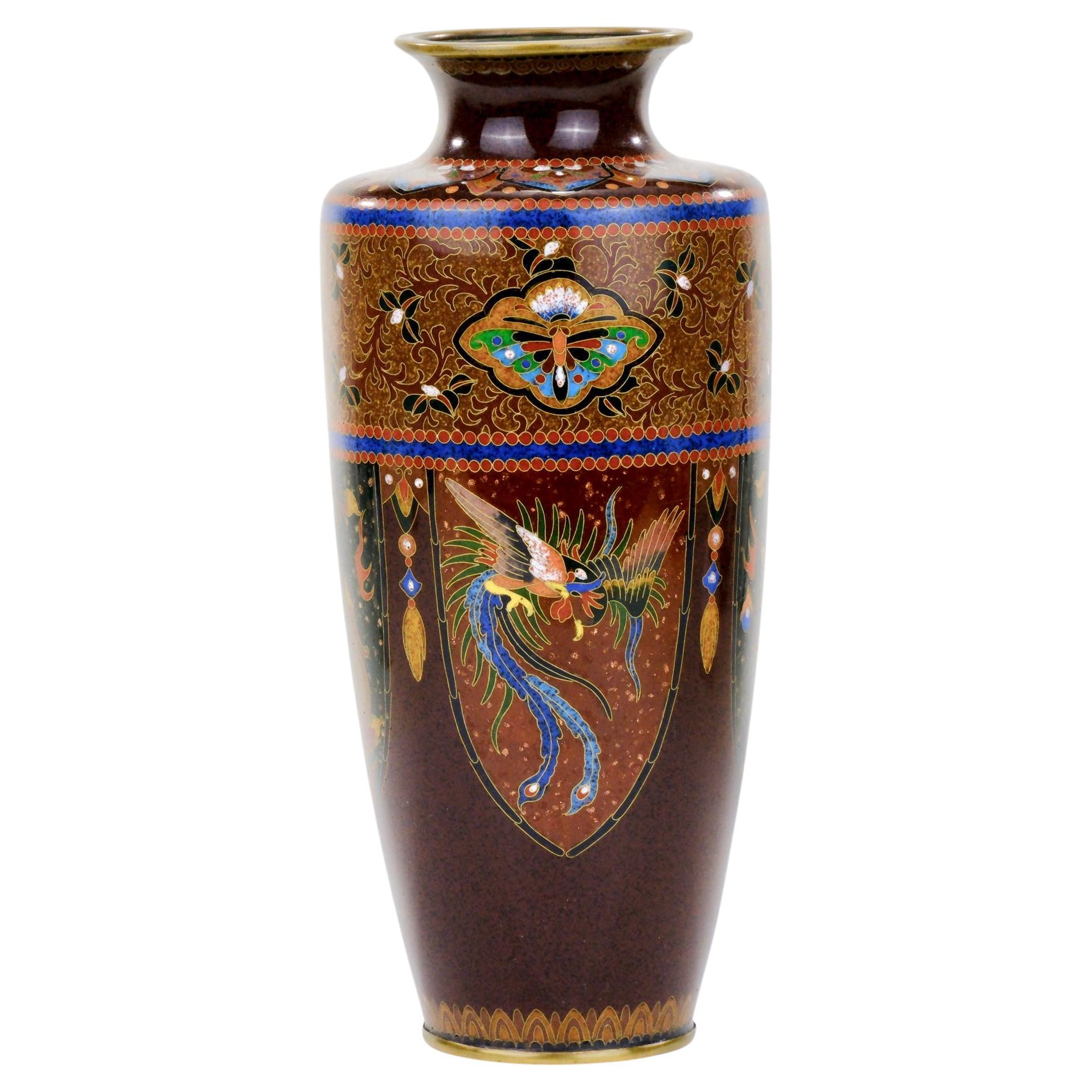 Antique Japanese Meiji Era (c1880) Cloisonné Vase Phoenix & Dragon 8”