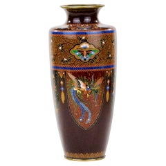 Antique Japanese Meiji Era (c1880) Cloisonné Vase Phoenix & Dragon 8”
