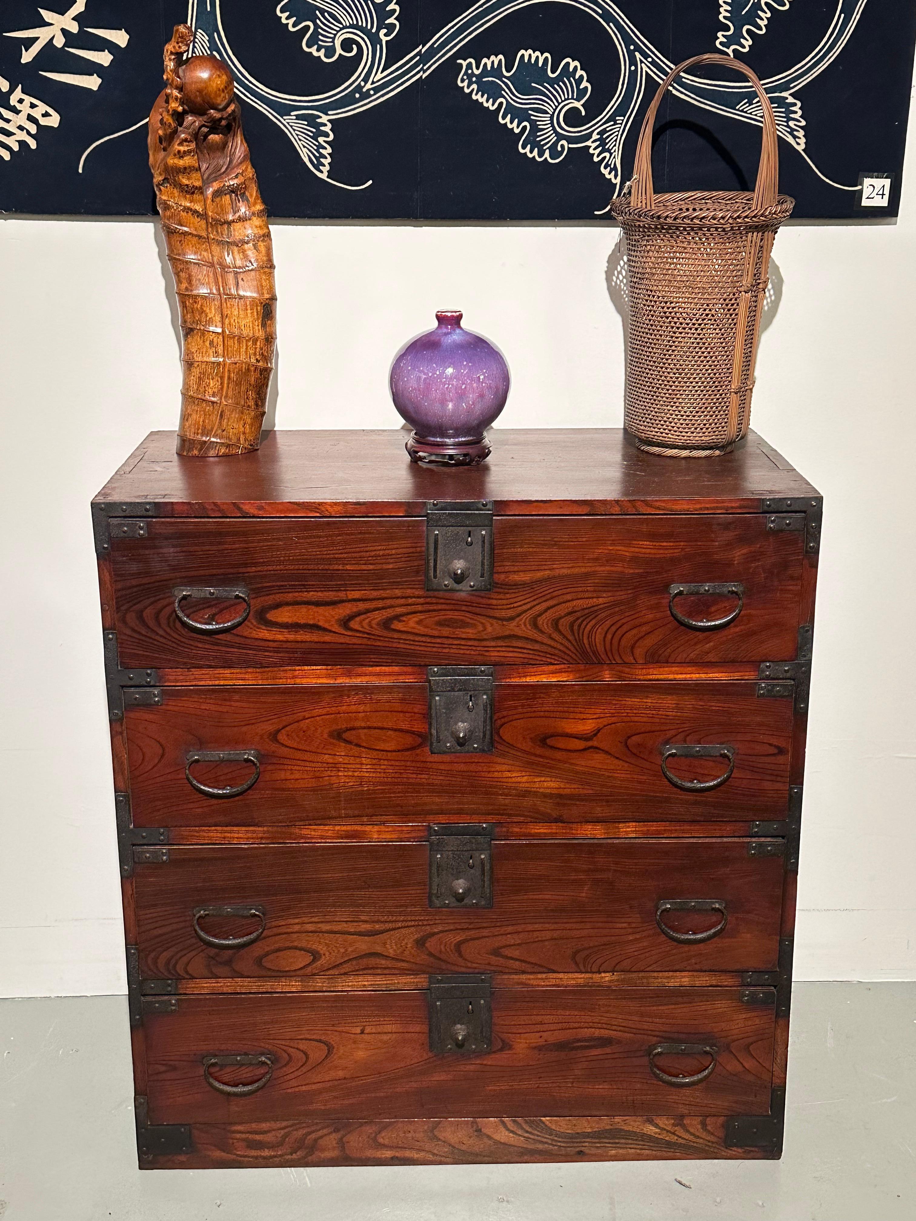 Available from Shogun's Gallery in Portland, Oregon for over 40 years specializing in Asian Arts & Antiques.

This is an Antique Japanese Kimono chest or Ishodansu.  This chest was made in the mid Meiji era (1868-1912) of keyaki (zelkova Japanese