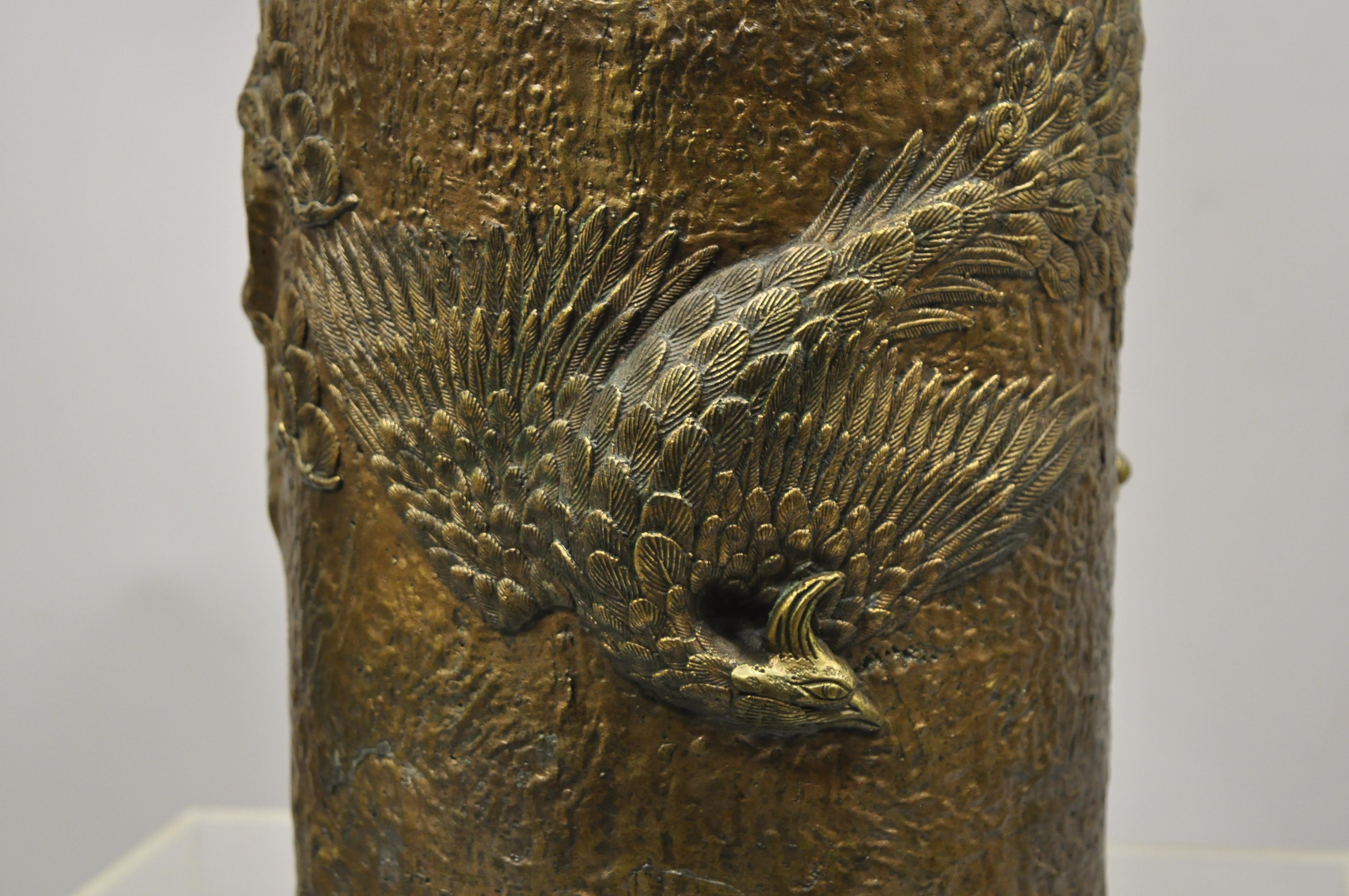 Antique Japanese Meiji Era Cast Bronze Repousse Umbrella Cane Stand with Birds In Good Condition In Philadelphia, PA