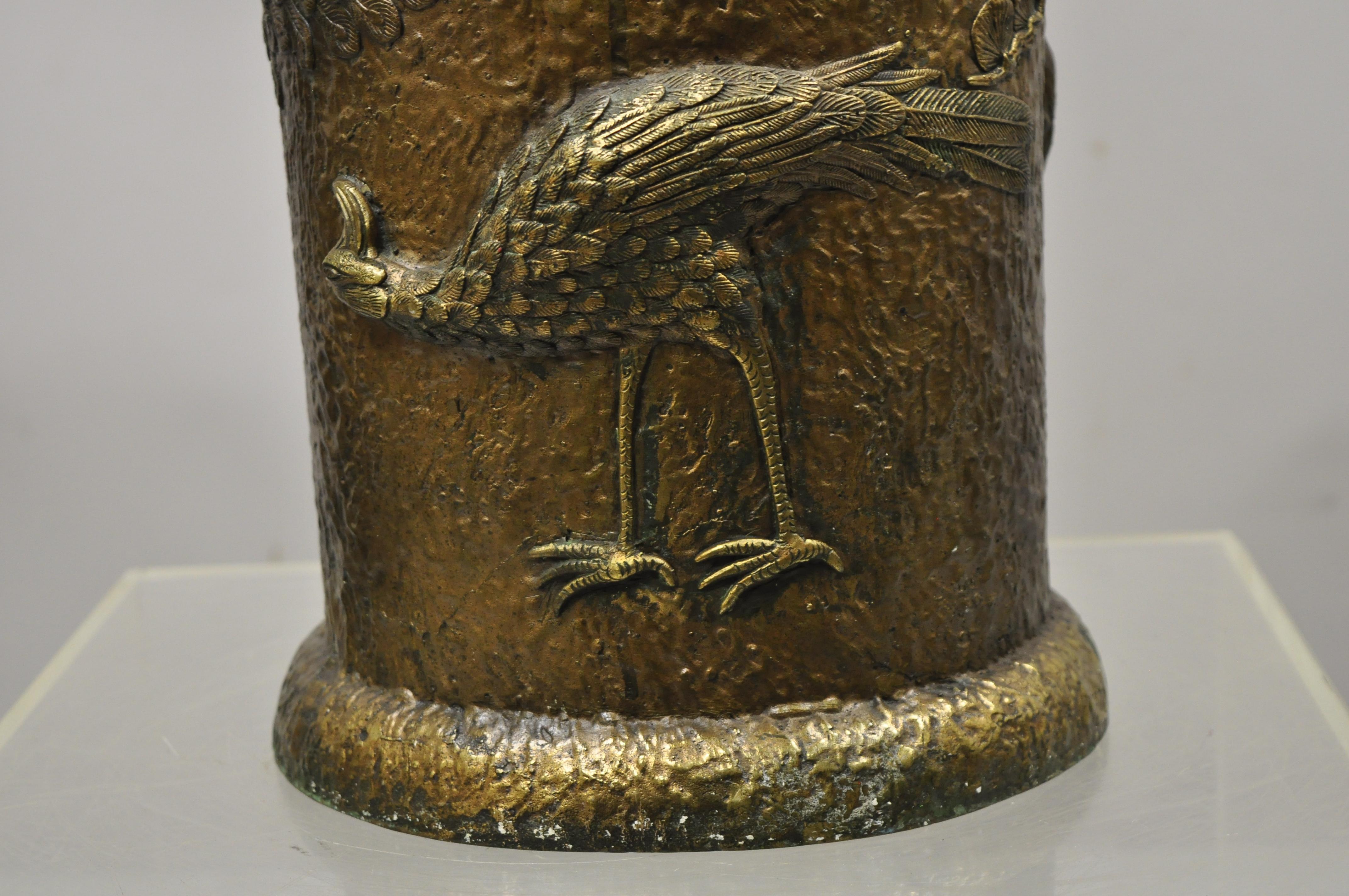 Antique Japanese Meiji Era Cast Bronze Repousse Umbrella Cane Stand with Birds 1