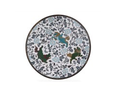 Rare Antique Meiji Japanese Cloisonne White Enamel Charger with Dancing Foo Dogs