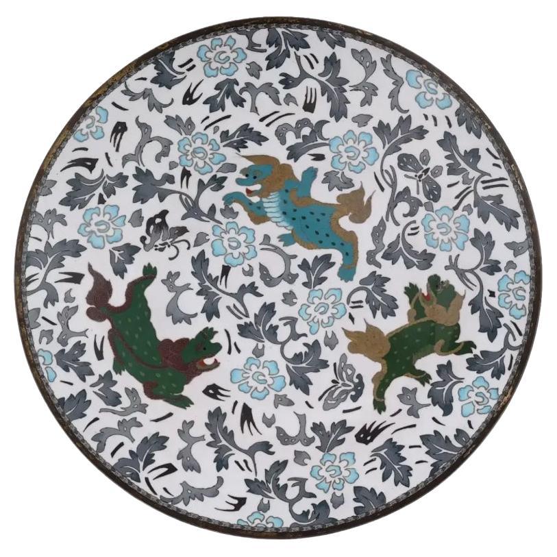 Rare Antique Meiji Japanese Cloisonne White Enamel Charger with Dancing Foo Dogs For Sale