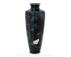 Large Antique Meiji Japanese Cloisonne Enamel Vase Crane in Bamboo Field