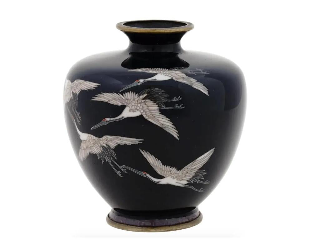 Cloissoné Antique Meiji Japanese Cloisonne Enamel Vase with Flying Cranes Hayashi School For Sale