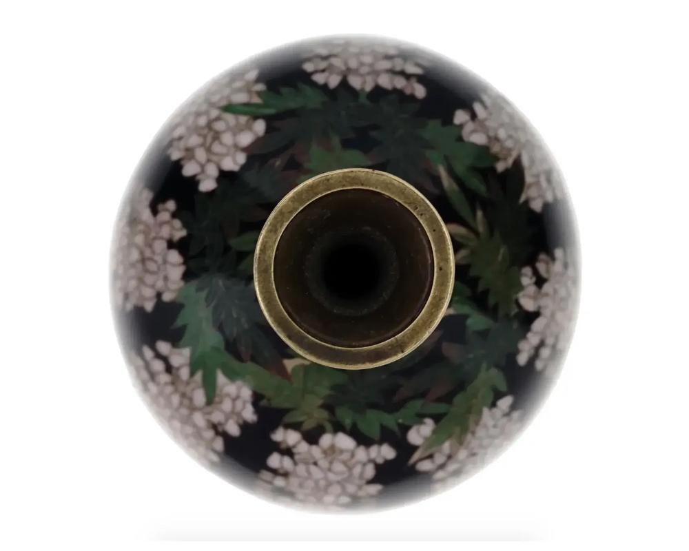 Cloissoné Antique Meiji Japanese Cloisonne Enamel Vase with Blossoming Wisteria Tree For Sale
