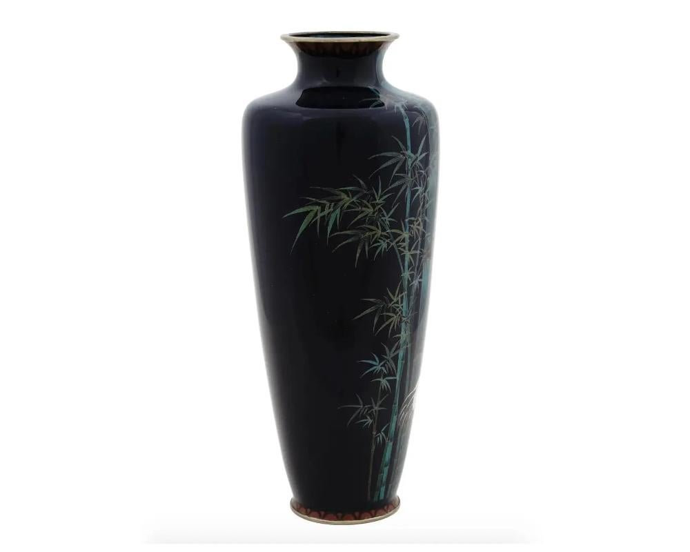 Cloissoné Large Antique Meiji Japanese Cloisonne Enamel Vase Crane in Bamboo Field For Sale