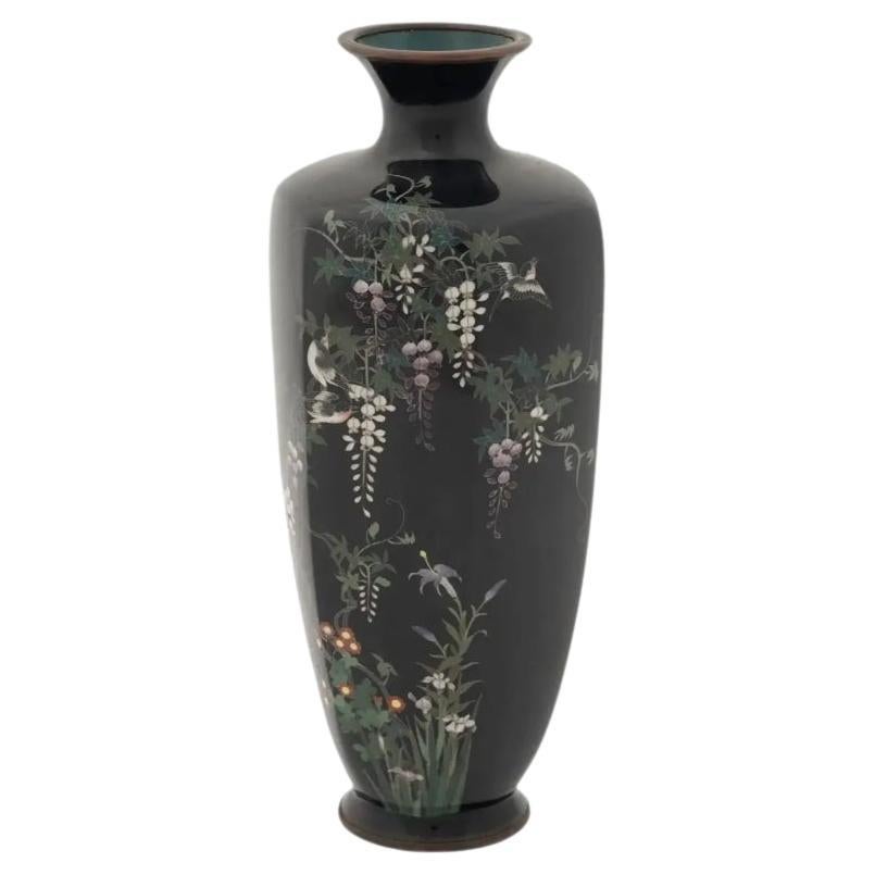 High Quality Antique Meiji Era Japanese Cloisonne Enamel Wisteria and Bird Vase For Sale