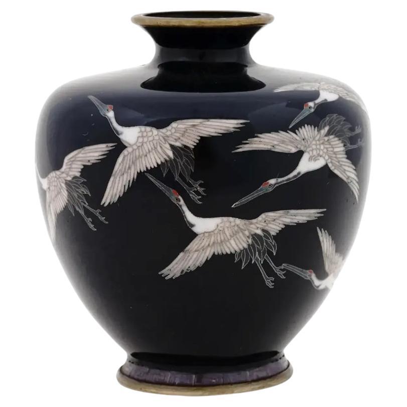 Antique Meiji Japanese Cloisonne Enamel Vase with Flying Cranes Hayashi School